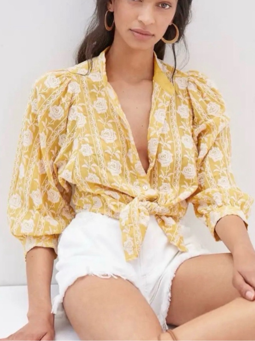 Pilcro-Anthropologie Yellow Embroidered Button-Up Blouse